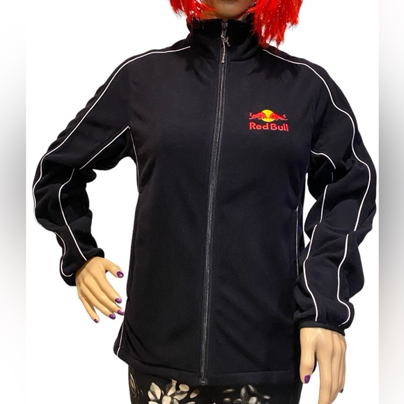 Red Bull Energy Drink Embroidered Soft Lightweight Black Fleece Jacket Small EUC - Picture 1 of 4
